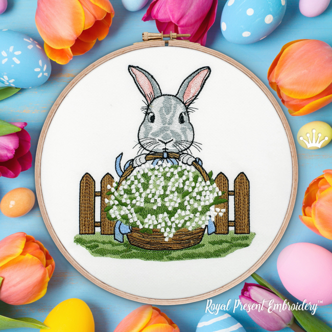 1. Bunny with a Basket of Snowdrops Small Easter Machine Embroidery Design - 4 Sizes