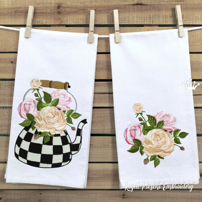 Checkered teapot with roses Machine Embroidery Designs - 3 sizes