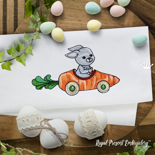 Easter Bunny in Carrot Car Machine Embroidery Design - 4 Sizes